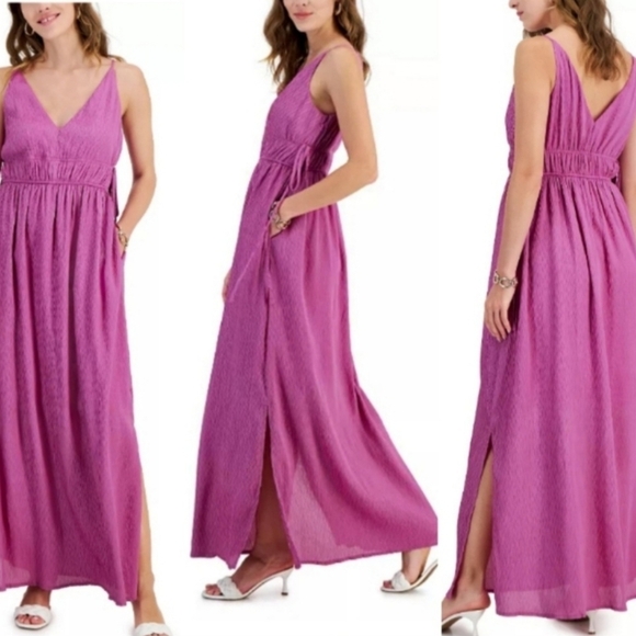 Taylor Pink V-Neck Sleeveless Tie Waist Lined 2 Pocket Maxi Dress Size Small - Picture 2 of 14